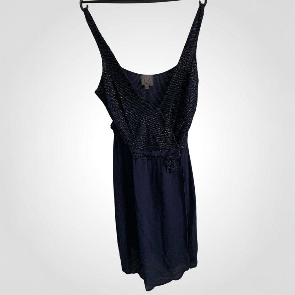 CK Calvin Klein Navy Silk Bugle beaded dress Size 8